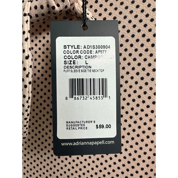 ADRIANNA PAPELL Champagne Polka Dot Side Tie Neck Puff Sleeve Blouse Top Large - Picture 6 of 9